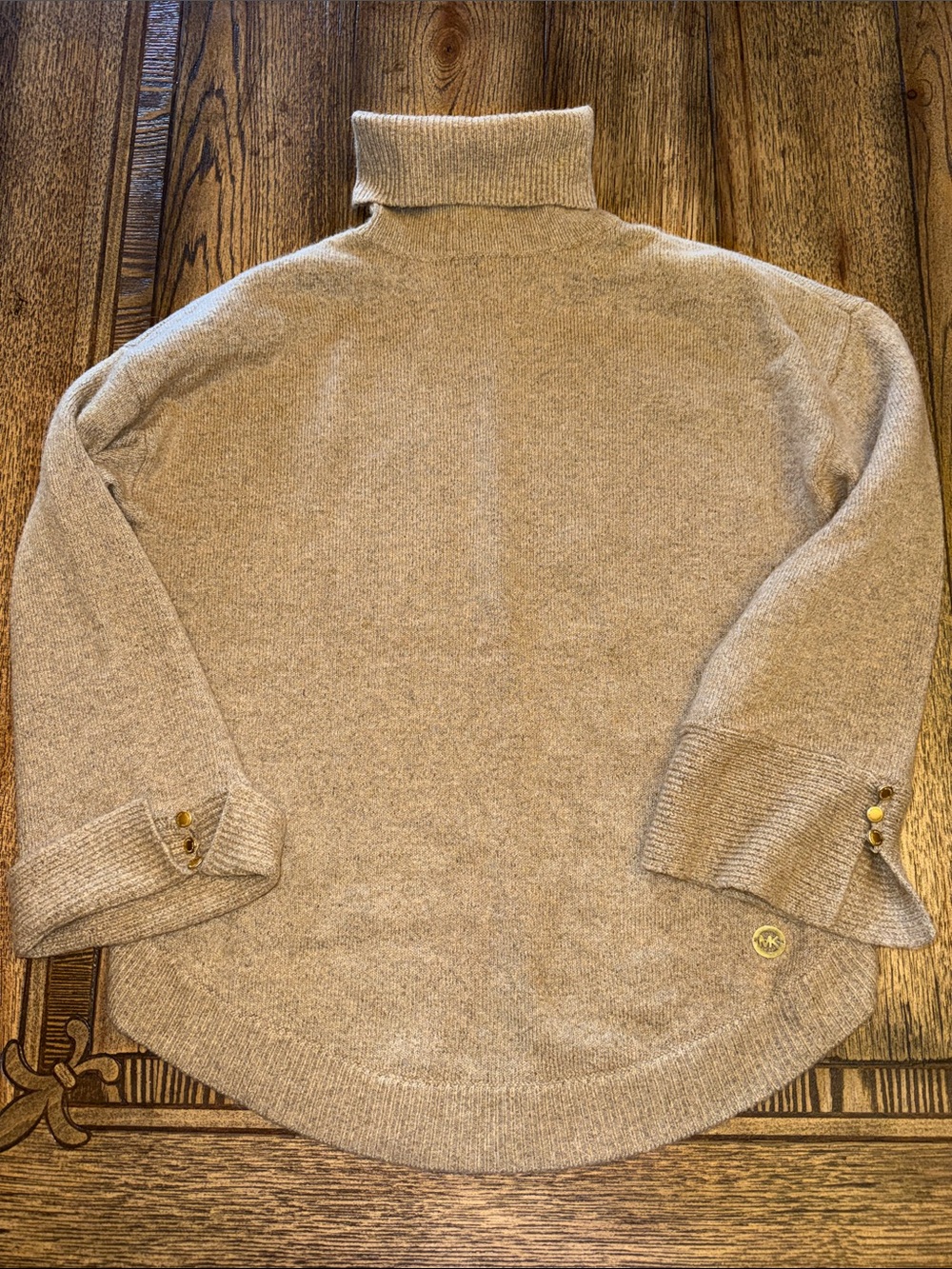 Michael Kors Three Quarter Sleeve Turtleneck Sweater with Button Cuffs in Camel